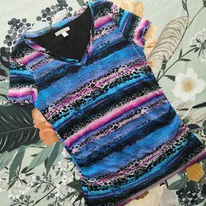 DANA BUCHMAN Top Womens Abstract Print Mesh V-Neck Lined Ruched Short Sleeve M
